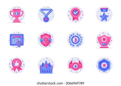 Award concept web flat color icons with shadow set. Pack pictograms of cup, winning medal, star, certificate, crown, victory and other. Vector illustration of symbols for website mobile app design