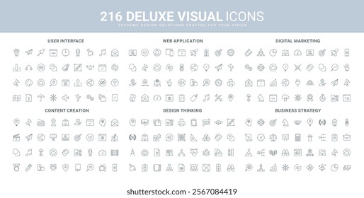 Award for content creation and protection, creative designer mindset, business strategy, marketing line icon set. Web application security and UI thin black outline symbols vector illustration