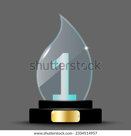 Award crystal with a first. Acrylic 3D Shield for the first place. Trophy for victory on a stand. Vector illustration. stock image.