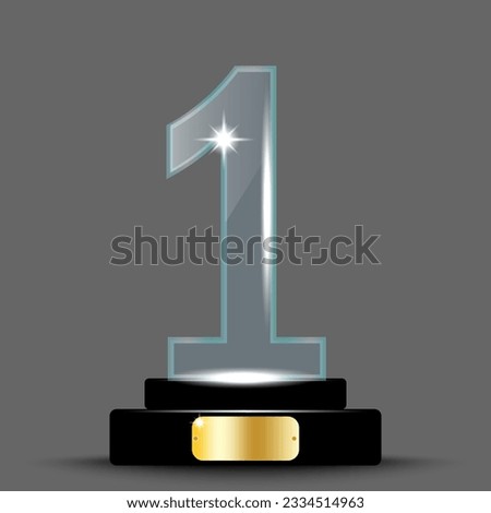 Award crystal with a first. Acrylic 3D Shield for the first place. Trophy for victory on a stand. Vector illustration. stock image.