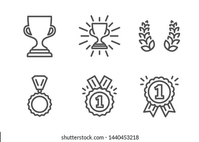 Award cup, Approved and Medal icons simple set. Laurel wreath, Trophy and Reward signs. Trophy, Winner badge. Sports set. Line award cup icon. Editable stroke. Vector