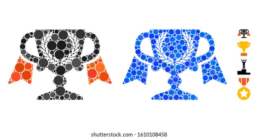 Award cup composition of filled circles in various sizes and shades, based on award cup icon. Vector filled circles are organized into blue composition.