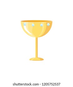 Award in cup form with precious expensive stones icon closeup. Reward for victory, golden prize. Trophy shiny element isolated on vector illustration