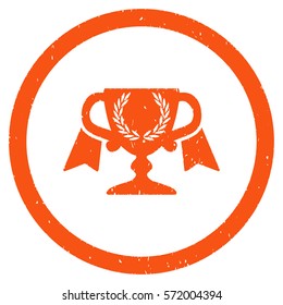 Award Cup grainy textured icon inside circle for overlay watermark stamps. Flat symbol with dirty texture. Circled dotted vector orange ink rubber seal stamp with grunge design on a white background.