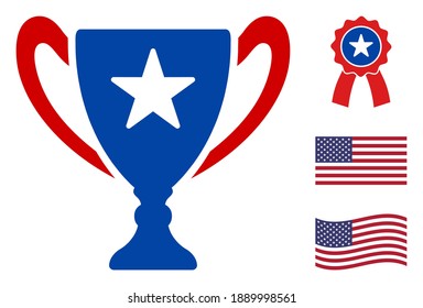 Award cup icon in blue and red colors with stars. Award cup illustration style uses American official colors of Democratic and Republican political parties, and star shapes.