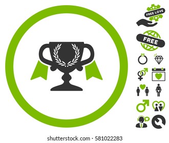Award Cup icon with bonus decorative design elements. Vector illustration style is flat iconic eco green and gray symbols on white background.