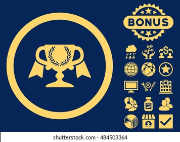 Award Cup icon with bonus images. Vector illustration style is flat iconic symbols, yellow color, blue background.