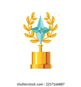 Award-Tasse mit Laureat-Kranz, Vektorgrafik. Cartoon-Trophäe oder Preisverleihung für Kindermeister einzeln auf weißem Hintergrund. Sieg, Erfolgskonzept.