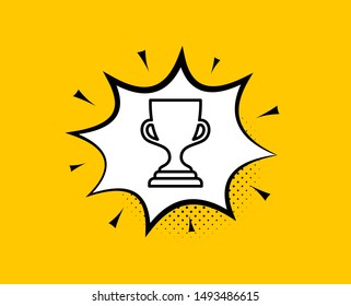 Award cup line icon. Comic speech bubble. Winner Trophy symbol. Sports achievement sign. Yellow background with chat bubble. Award cup icon. Colorful banner. Vector