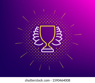 Award cup line icon. Halftone pattern. Winner Trophy with Laurel wreath symbol. Sports achievement sign. Gradient background. Winner line icon. Yellow halftone pattern. Vector
