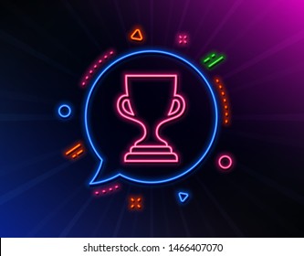 Award cup line icon. Neon laser lights. Winner Trophy symbol. Sports achievement sign. Glow laser speech bubble. Neon lights chat bubble. Banner badge with award cup icon. Vector