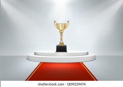  award cup on round pedestal with red carpet with light vector illustration