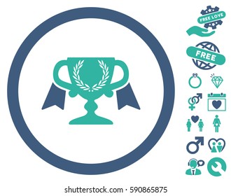 Award Cup pictograph with bonus romantic images. Vector illustration style is flat iconic cobalt and cyan symbols on white background.