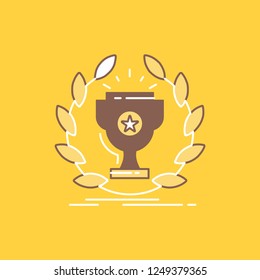 award, cup, prize, reward, victory Flat Line Filled Icon. Beautiful Logo button over yellow background for UI and UX, website or mobile application