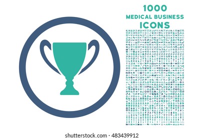 Award Cup rounded vector bicolor icon with 1000 medical business icons. Set style is flat pictograms, cobalt and cyan colors, white background.