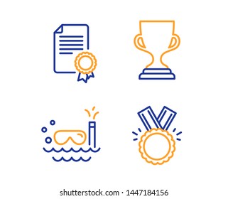 Award cup, Scuba diving and Certificate icons simple set. Honor sign. Trophy, Trip swimming, Diploma. Medal. Sports set. Linear award cup icon. Colorful design set. Vector