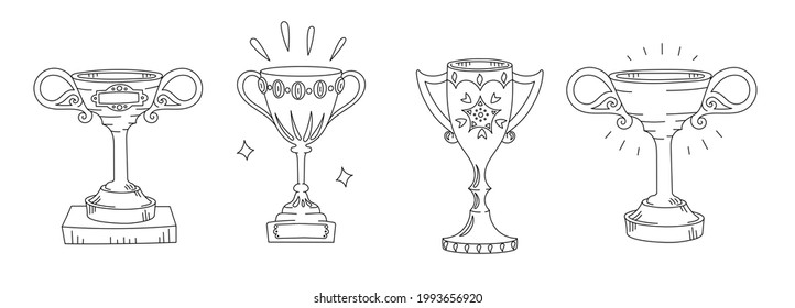 Award cup set. First place. Competition award trophy. Sport achievement. Editable stroke. Outline contour black line. Hand drawn vector.