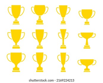 Award cup set. Winning golden cups silhouette collection. Trophy symbols group. Vector illustration isolated on white.