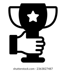 Award cup with star in hand solid icon, startup concept, hand holding bowl sign on white background, Winning cup in hand icon in glyph style for mobile and web design. Vector graphics