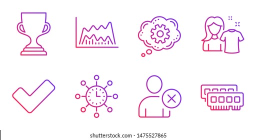 Award cup, Tick and Delete user line icons set. Cogwheel, World time and Trade chart signs. Clean shirt, Ram symbols. Trophy, Confirm check. Business set. Gradient award cup icon. Vector