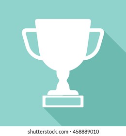 Award cup vector icon with long shadow. White illustration isolated on green background for graphic and web design.