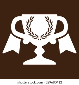 Award Cup vector icon. Style is flat symbol, white color, rounded angles, brown background.