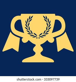Award Cup vector icon. Style is flat symbol, yellow color, rounded angles, blue background.