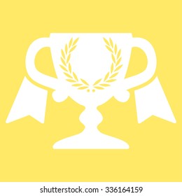 Award Cup vector icon. Style is flat symbol, white color, rounded angles, yellow background.