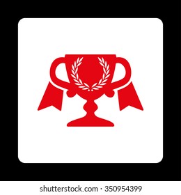 Award Cup vector icon. Style is flat rounded square button, red and white colors, black background.