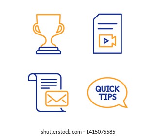Award cup, Video file and Mail letter icons simple set. Quickstart guide sign. Trophy, Vlog page, Read e-mail. Helpful tricks. Education set. Linear award cup icon. Colorful design set. Vector