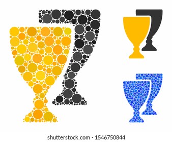 Award cups composition of filled circles in variable sizes and shades, based on award cups icon. Vector filled circles are grouped into blue mosaic. Dotted award cups icon in usual and blue versions.