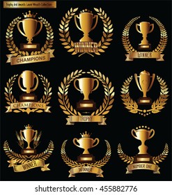 Award cups and trophy icons with laurel wreaths  collection