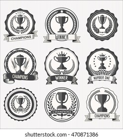 Award cups and trophy icons with laurel wreaths collection