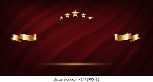 Award curtain background. Winner nomination prize banner with golden stars and ribbons vector illustration. Luxury ceremony poster template.