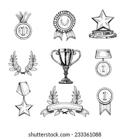 Award decorative sketch icons set of trophy medal winner prize champion cup isolated vector illustration