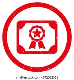 Award Diploma grainy textured icon inside circle for overlay watermark stamps. Flat symbol with dirty texture. Circled dotted vector red ink rubber seal stamp with grunge design on a white background.