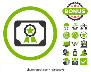 Award Diploma icon with bonus elements. Vector illustration style is flat iconic bicolor symbols, eco green and gray colors, white background.