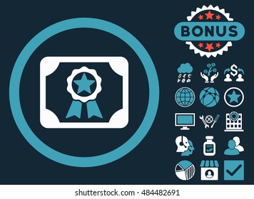 Award Diploma icon with bonus images. Vector illustration style is flat iconic bicolor symbols, blue and white colors, dark blue background.