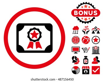 Award Diploma icon with bonus symbols. Vector illustration style is flat iconic bicolor symbols, intensive red and black colors, white background.