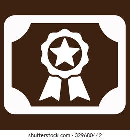 Award Diploma vector icon. Style is flat symbol, white color, rounded angles, brown background.