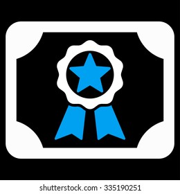 Award Diploma vector icon. Style is bicolor flat symbol, blue and white colors, rounded angles, black background.