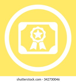 Award Diploma vector icon. Style is flat rounded symbol, white color, rounded angles, yellow background.