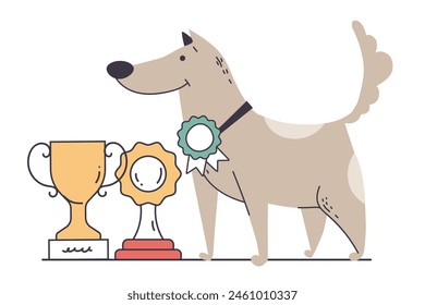 Award dog character with golden medals and cups isolated concept. Vector flat graphic design cartoon illustration