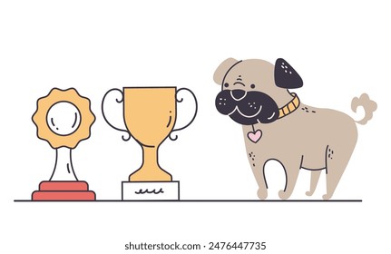 Personaje de perro galardonado con medallas de oro y copas concepto aislado. Ilustración de dibujos animados de Diseño gráfico plano de Vector