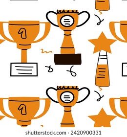 Award doodle background of first place cups champion concept. Vector illustration isolated. Can used for wrapping paper, print textile, poster. 