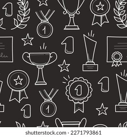 Award doodle hand drawn seamless pattern. Winner trophy cup, champion medal, win certificate background. Hand drawn doodle sketch style champion, victory, success elements. Vector illustration.