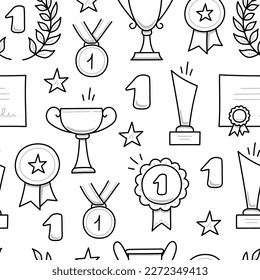 Award doodle hand drawn seamless pattern. Winner trophy cup, champion medal, win certificate background. Hand drawn doodle sketch style champion, victory, success elements. Vector illustration.