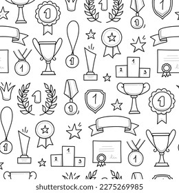 El doodle de premio dibujado a mano sin fisuras. Copa de trofeo ganadora, medalla campeona, gane antecedentes de certificado. Palabras de dibujo a mano estilo boceto, victoria, elementos de éxito. Ilustración vectorial.