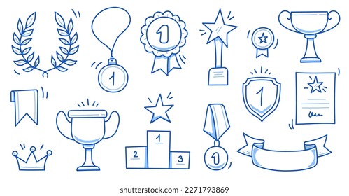 Award doodle hand drawn trophy set. Winner award cup, champion medal, win certificate. Hand drawn doodle sketch style champion, victory, success elements. Vector illustration