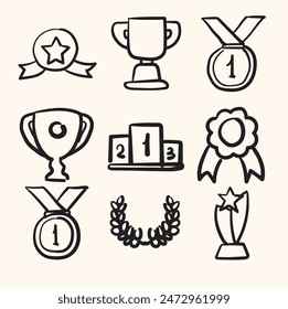 Award doodle hand drawn trophy set. Winner award cup, champion medal with illustration stye doodle and line art